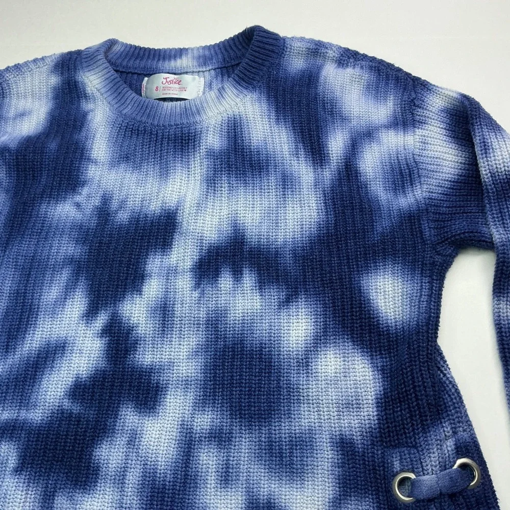 Justice Blue Tie Dye Knit Sweater Girls Size 8 Lace Up Side Detail Pullover